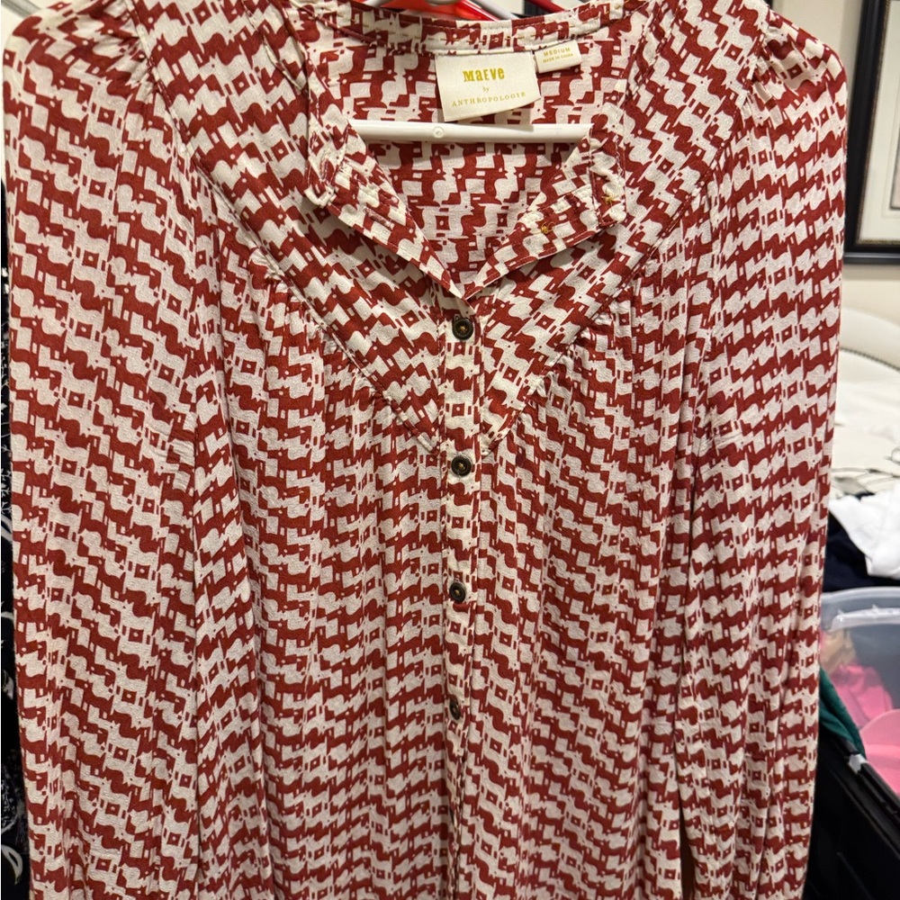 Anthropologie Red and White Patterned Blouse